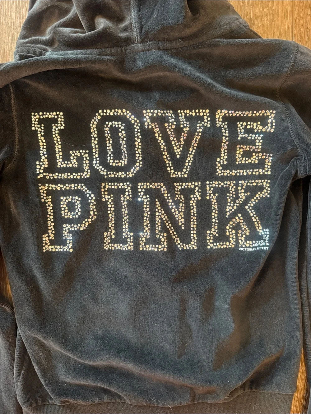 PINK Victoria's Secret Black Velour Hoodie Jacket with Dog Logo , silver sequins